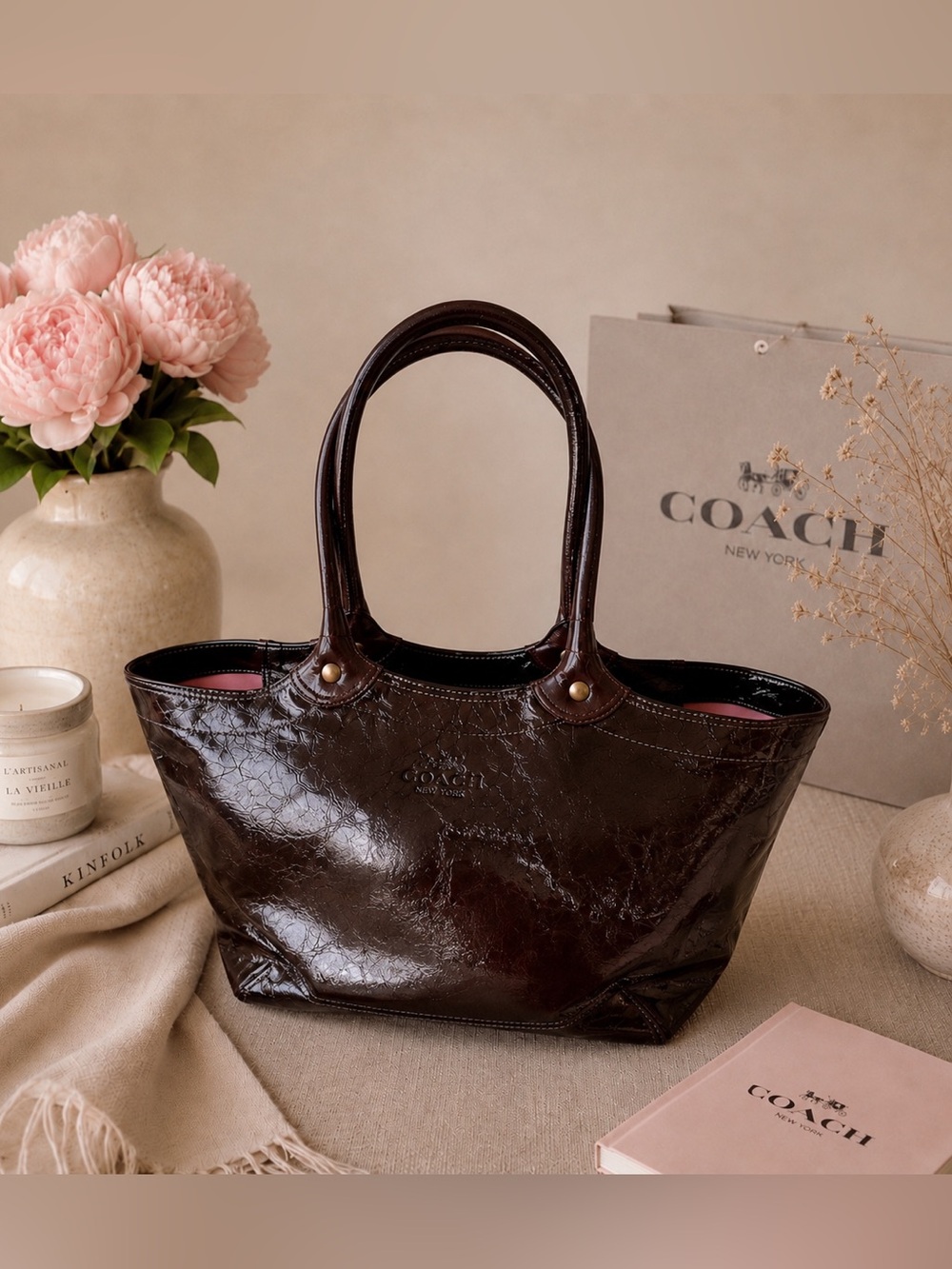 Coach Patent Leather Gallery Tote glazed leather pink satin interior